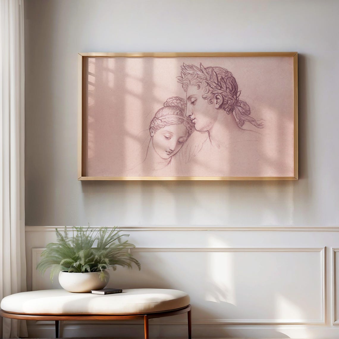Vintage Classical Couple Sketch Pink Laurel Wreath Portrait Poster - Image 3