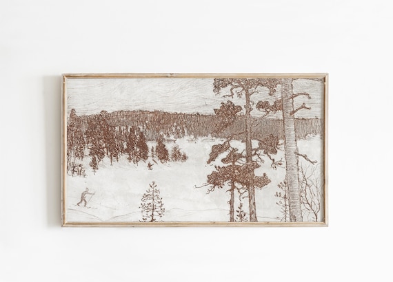 Brown Ink Sketch Snowy Forest Skier Vintage Winter Art Poster