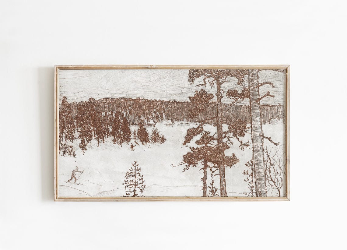 Brown Ink Sketch Snowy Forest Skier Vintage Winter Art Poster