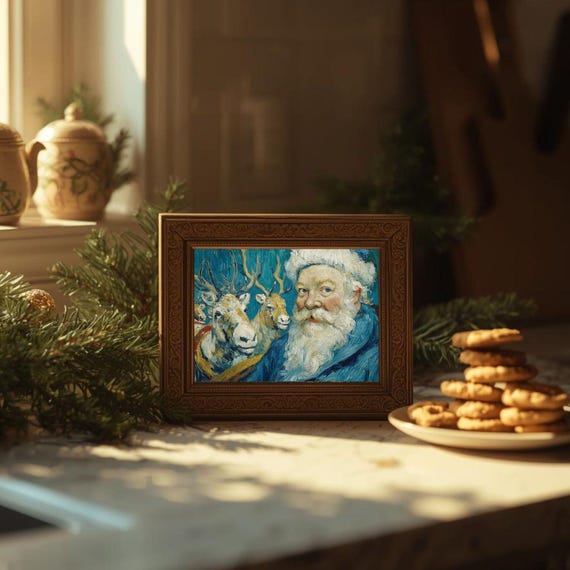 Santa Claus and Reindeer Impasto Portrait Christmas Wall Art
