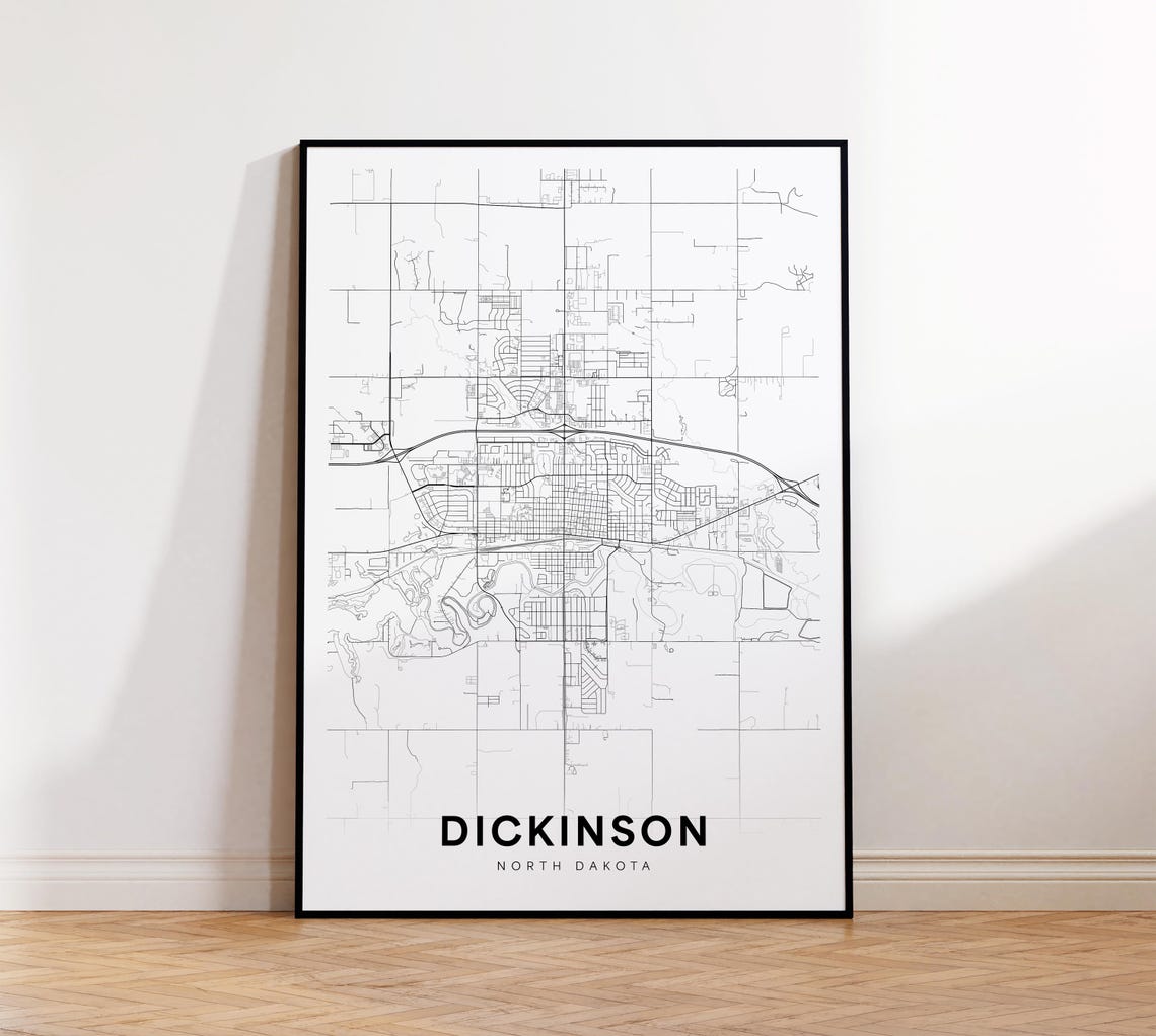 Dickinson North Dakota Minimalist Black White Map Art Poster