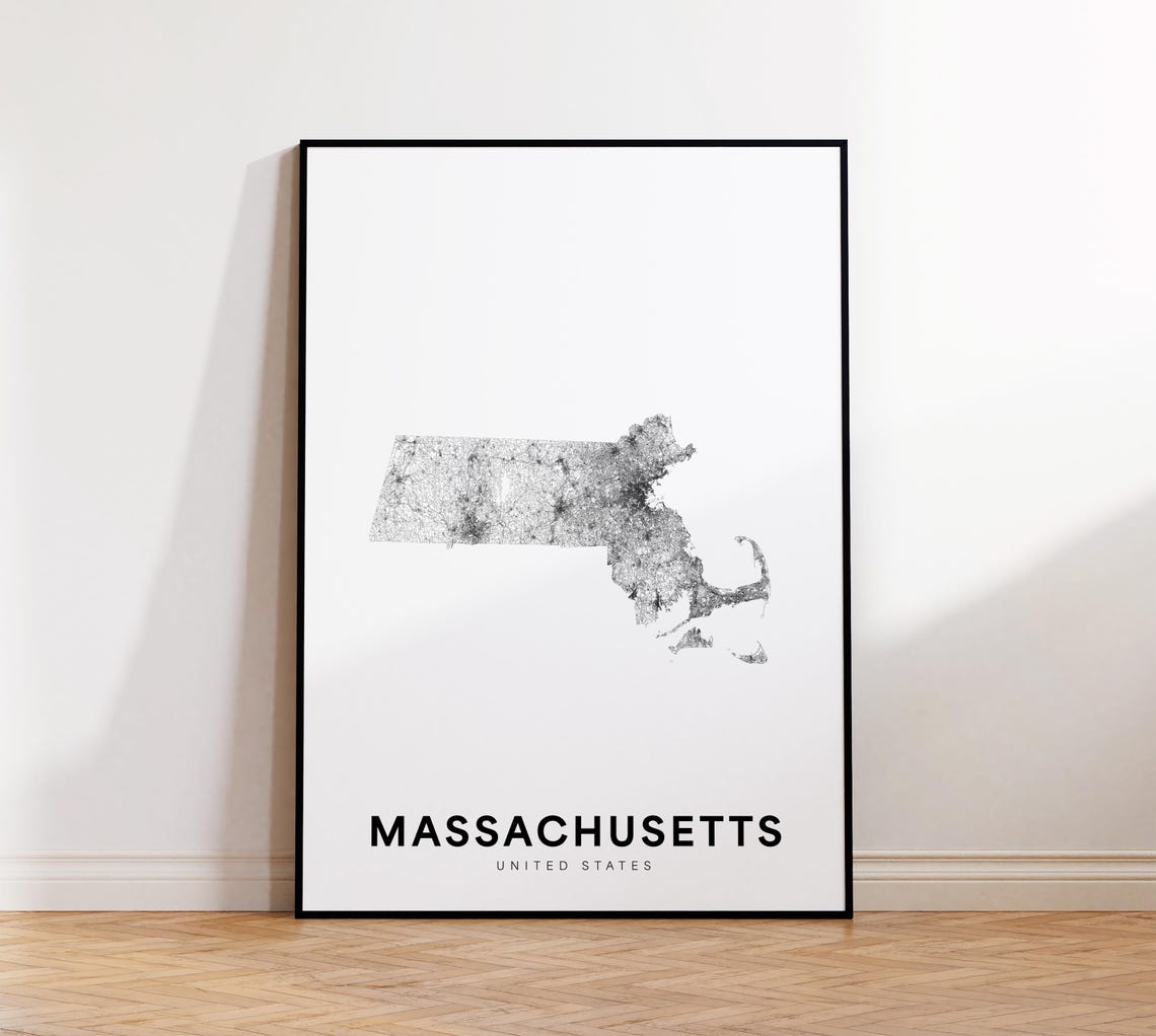 Massachusetts State Map Print Poster Of Us Minimalist Ma Road Modern