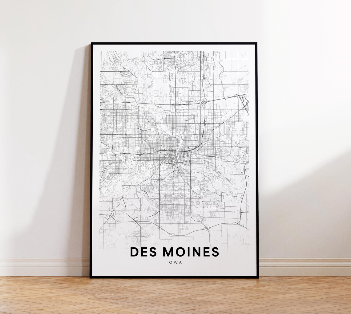 Des Moines Iowa Minimalist City Street Map Line Art Travel Poster