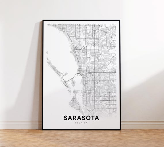 Sarasota City Map Print Street Poster Florida Art Road Minimalist Living Room Decor