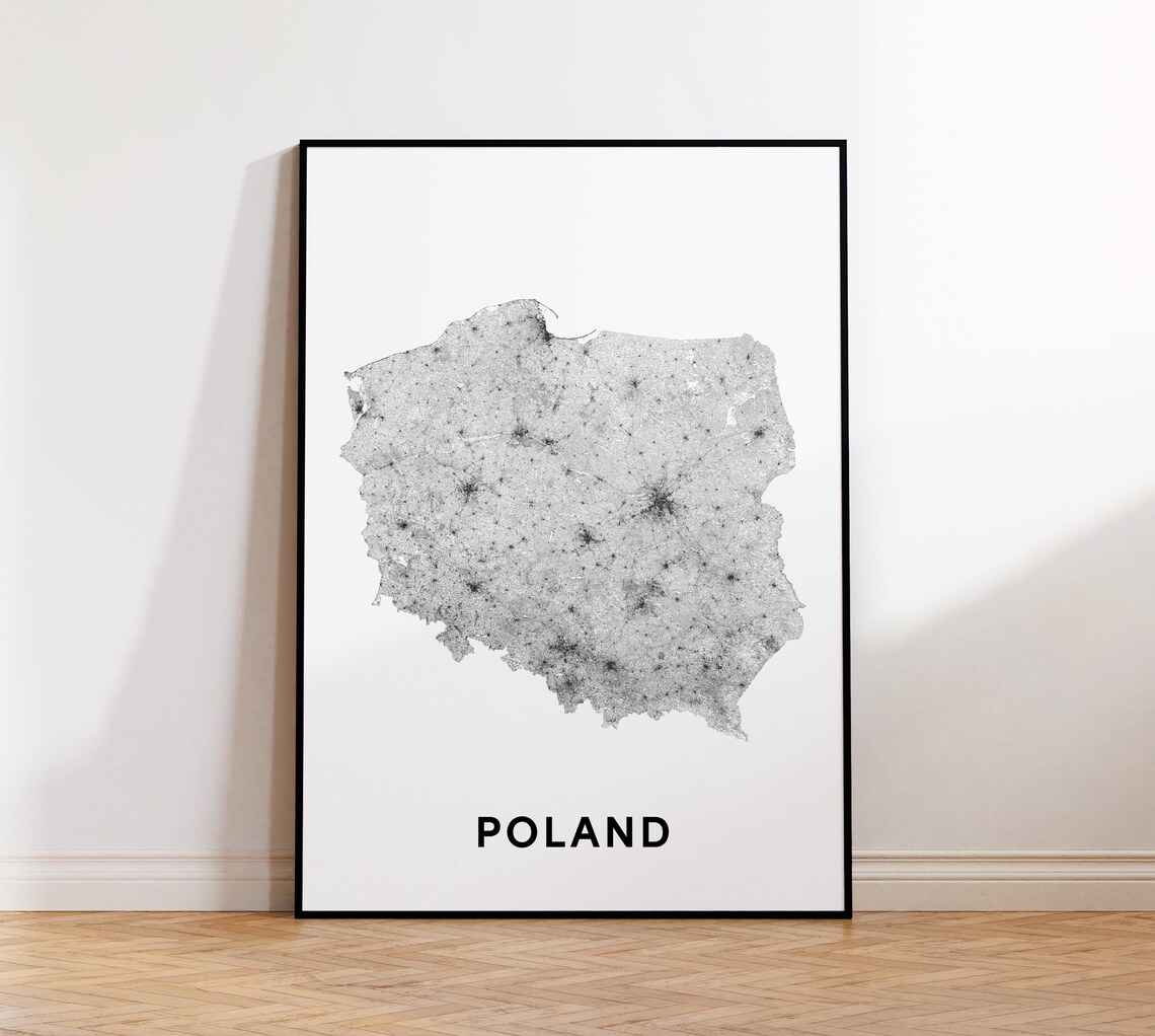 Poland Country Outline Minimalist Black White Map Street Art Print