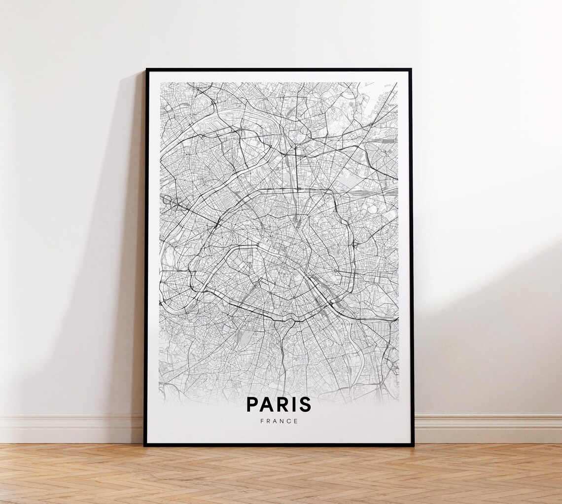 Paris France Detailed Modern Minimalist City Street Map Poster