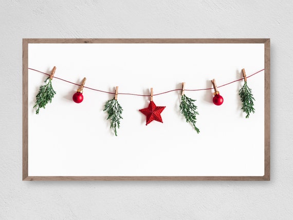 Simple Garland Frame TV Art, Winter Christmas Ornaments