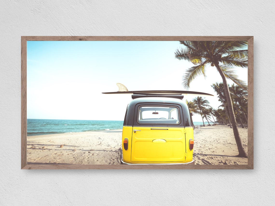 Yellow Vintage Van with Surfboard on Tropical Beach Palm Print