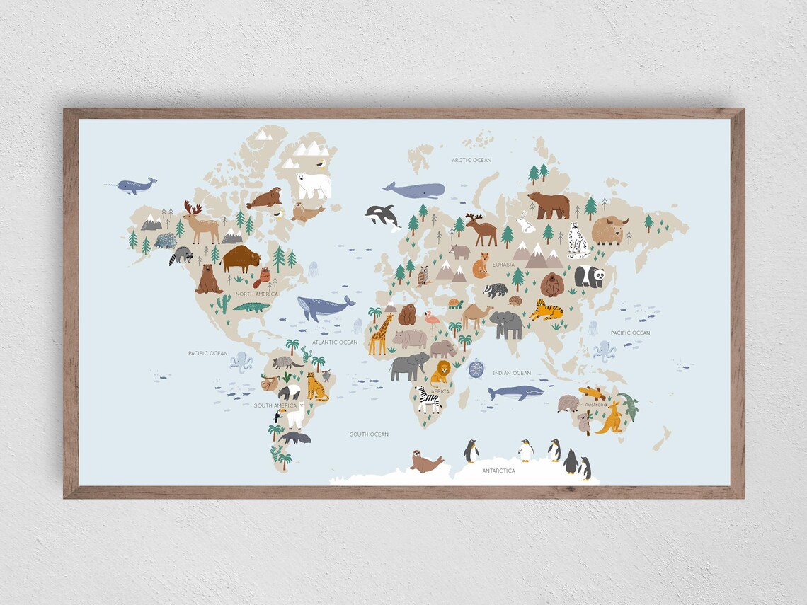 Animal World Map Kids Educational Travel Poster