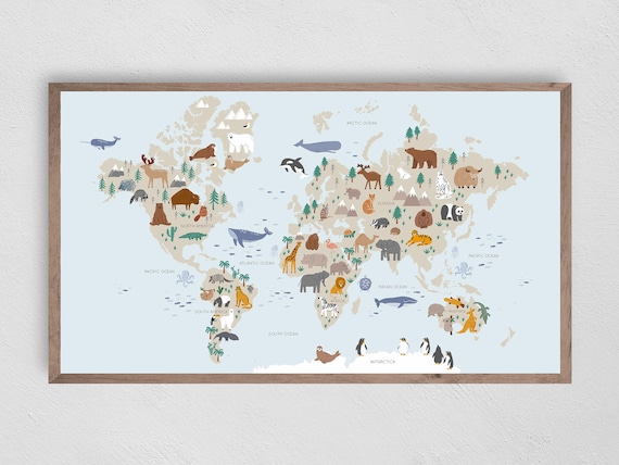 Animal World Map Kids Educational Travel Poster