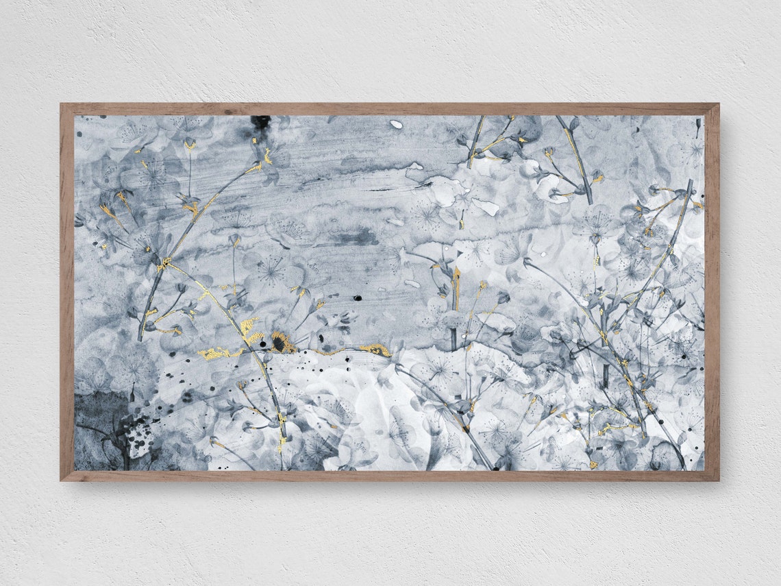 Blue Grey Blossom Branches Gold Accent Abstract Floral Wall Art