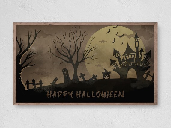 Happy Halloween Haunted Castle Full Moon Bats Silhouette Art Print