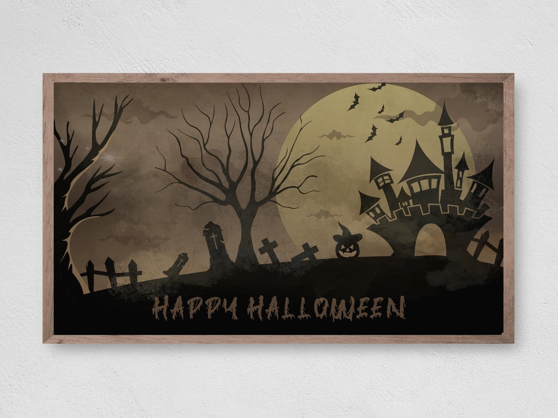 Happy Halloween Haunted Castle Full Moon Bats Silhouette Art Print