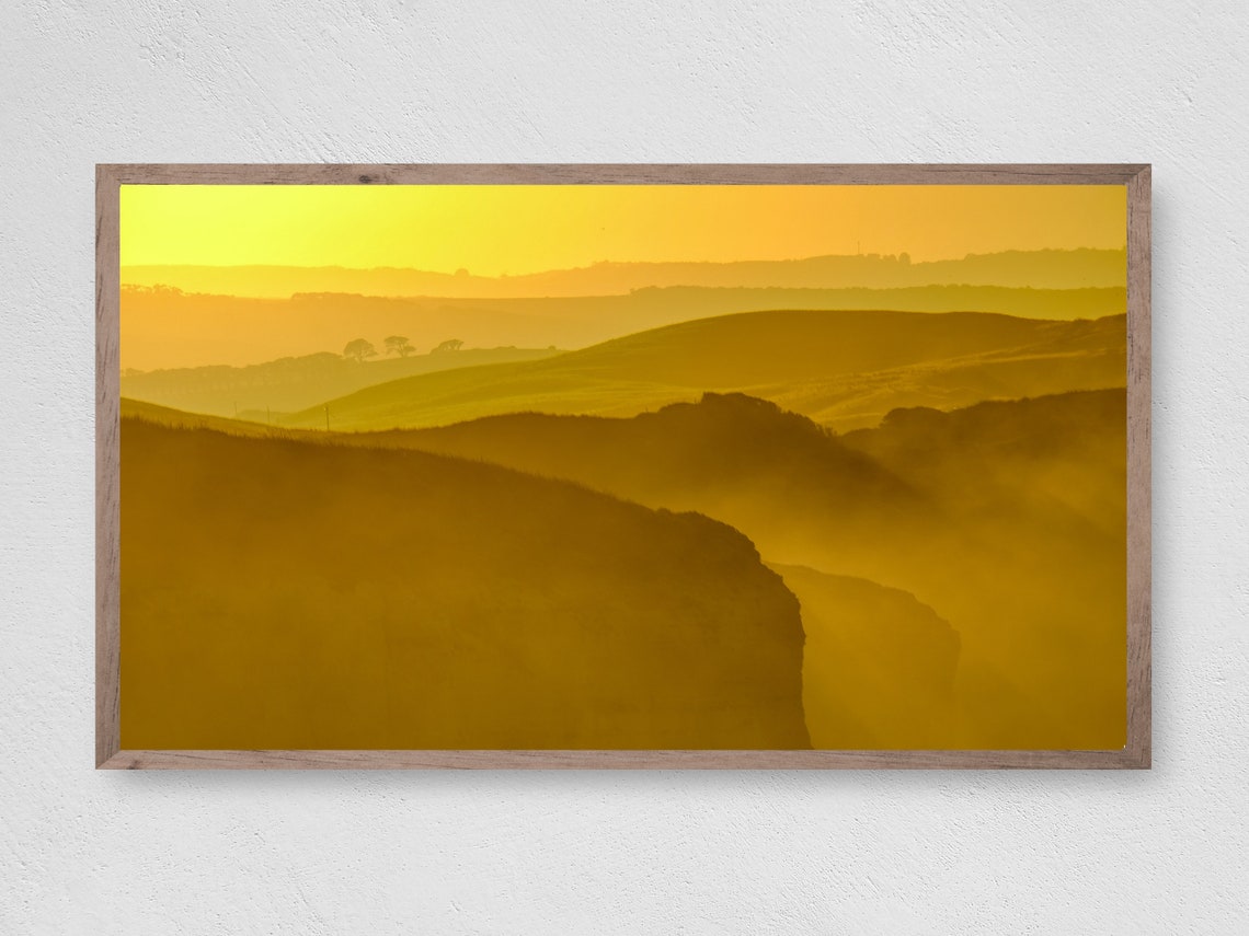 Golden Sunset Rolling Hills Misty Valley in Warm Light Poster
