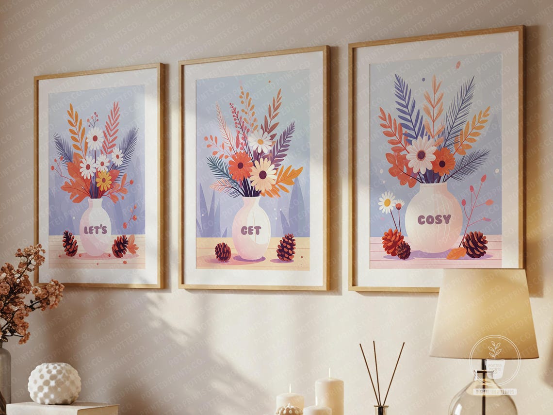 Let's Get Cosy Set Of 3 Fall Floral Vase Print Trio Autumn Decor