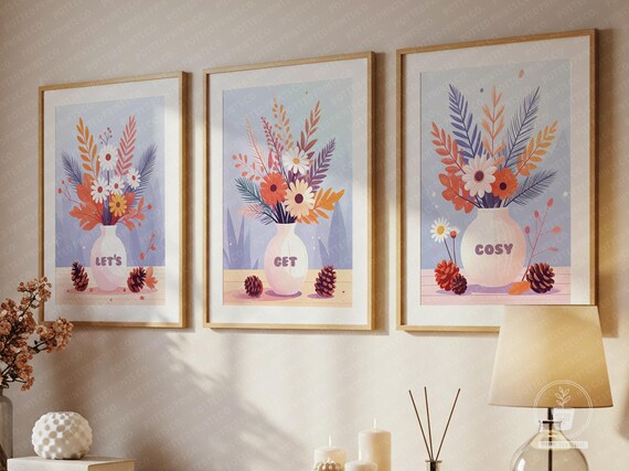 Let's Get Cosy Set Of 3 Fall Floral Vase Print Trio Autumn Decor