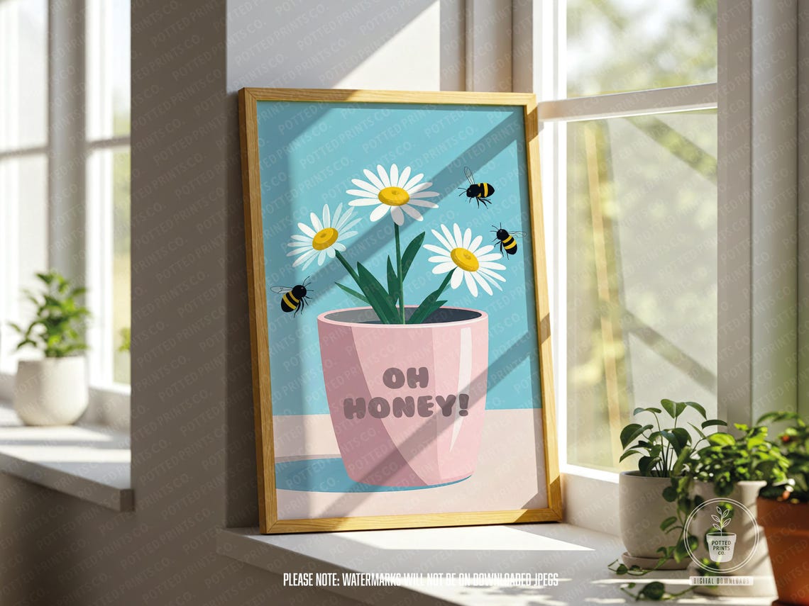 Oh Honey Daisy Flower Pot With Buzzing Bees Cute Nature Poster