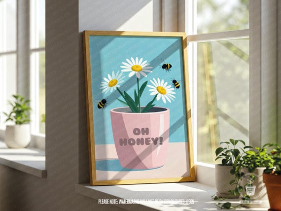 Oh Honey Print Daisy Flower Pot With Bees Cute Wall Art Nature Decor Gift For Her Instant Artwork