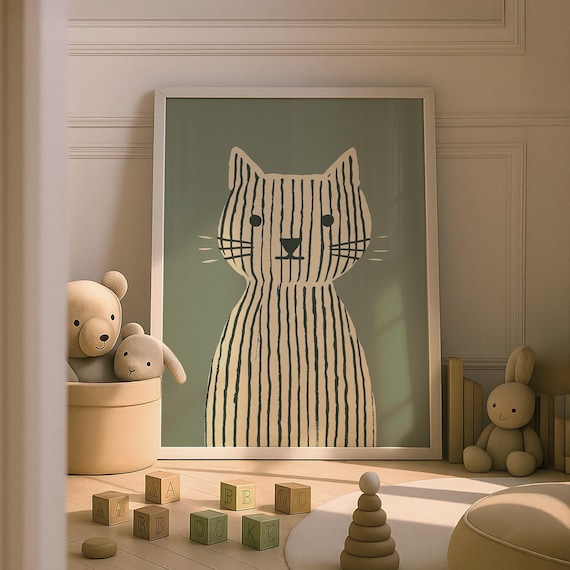Sage Green Cat Print, Whimsical Nursery Decor