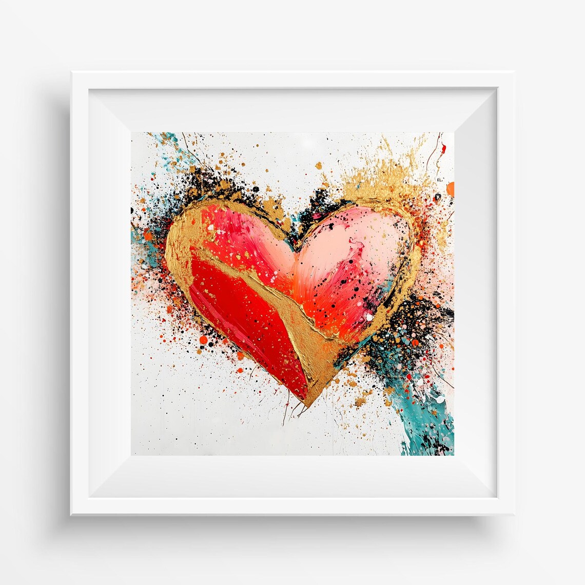 Abstract Splatter Heart Painting Red Gold Modern Love Wall Art