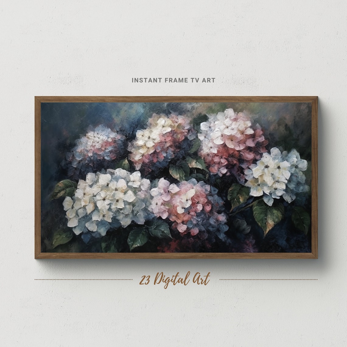 Dark Moody Hydrangeas White Pink Blooms Elegant Floral Art Print