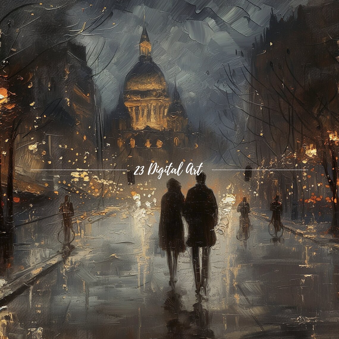 Romantic Couple Rainy Night City Walk Vintage Painting Poster - Image 6