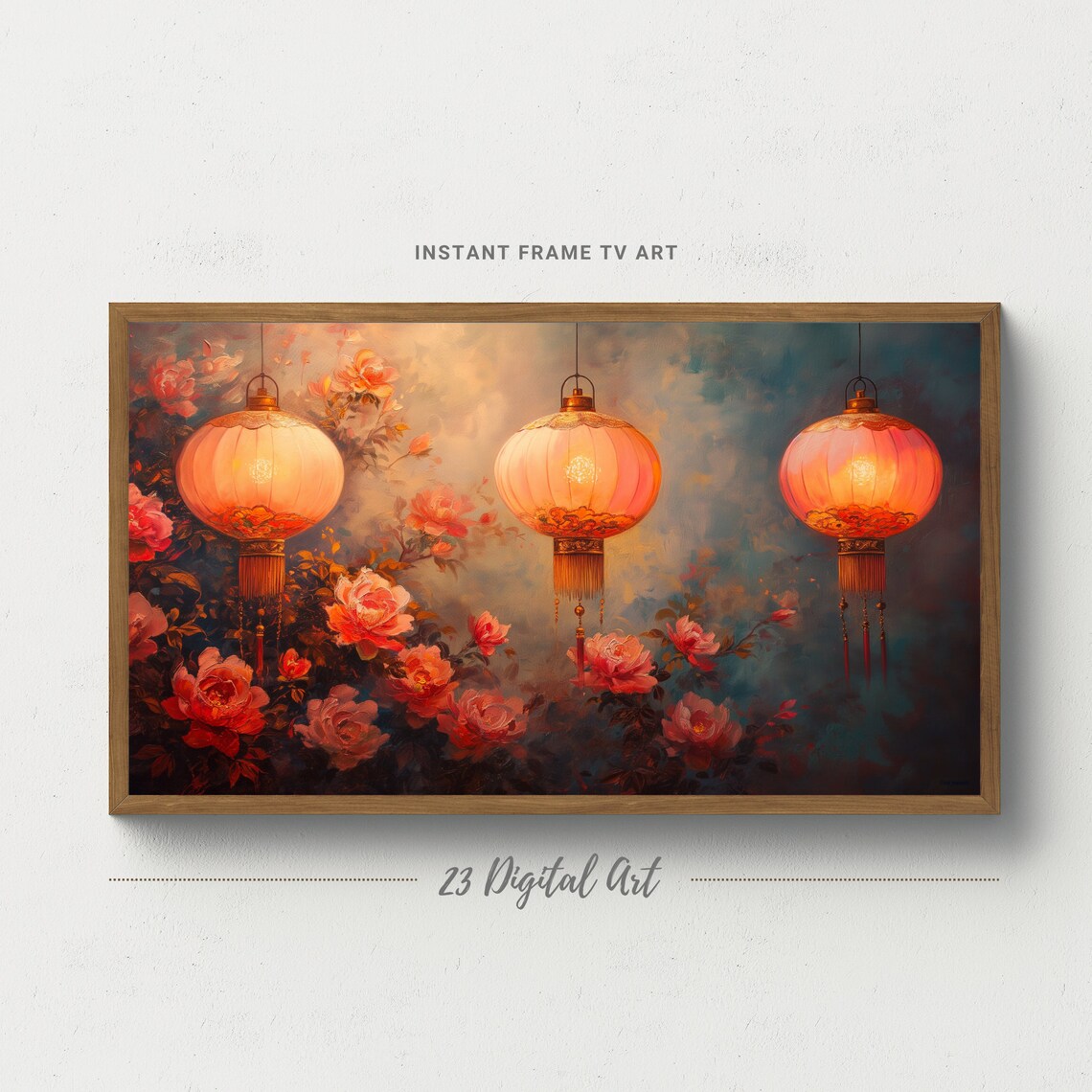 Glowing Red Chinese Lanterns Peonies Romantic Painting Art Print