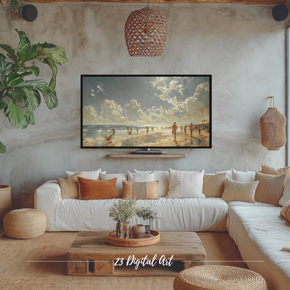 Frame Tv Art Summer Beach Tv Art Oil Painting People Enjoying At Coastal Beach Classic Summer Farmhouse Decor Tv Art 129 - Image 5