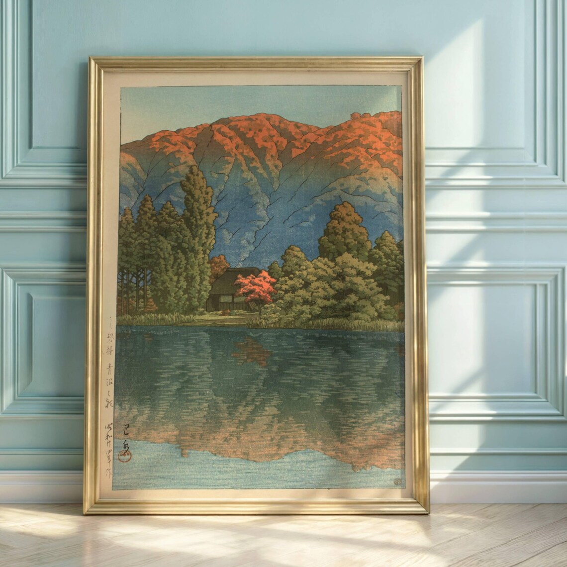 Hasui Kawase Japanese Woodblock Print of a Mountain Lake in Autumn