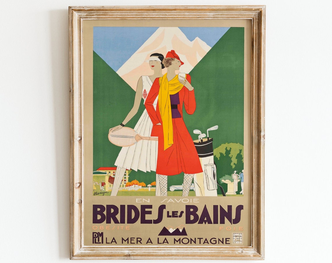 Vintage French Travel Poster France Resort French Alps Art Deco Wall Art Fashion Women 1920s Golf Tennis Poster Wall Art