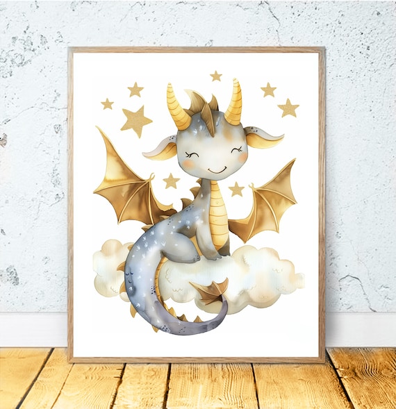 Happy Baby Dragon With Golden Wings On Cloud Nursery Art Poster