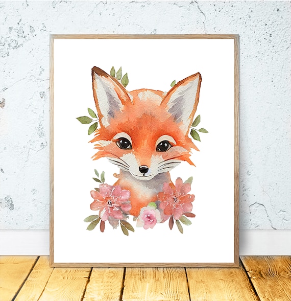Baby Fox Cub With Pink Flowers Watercolor Nursery Animal Poster