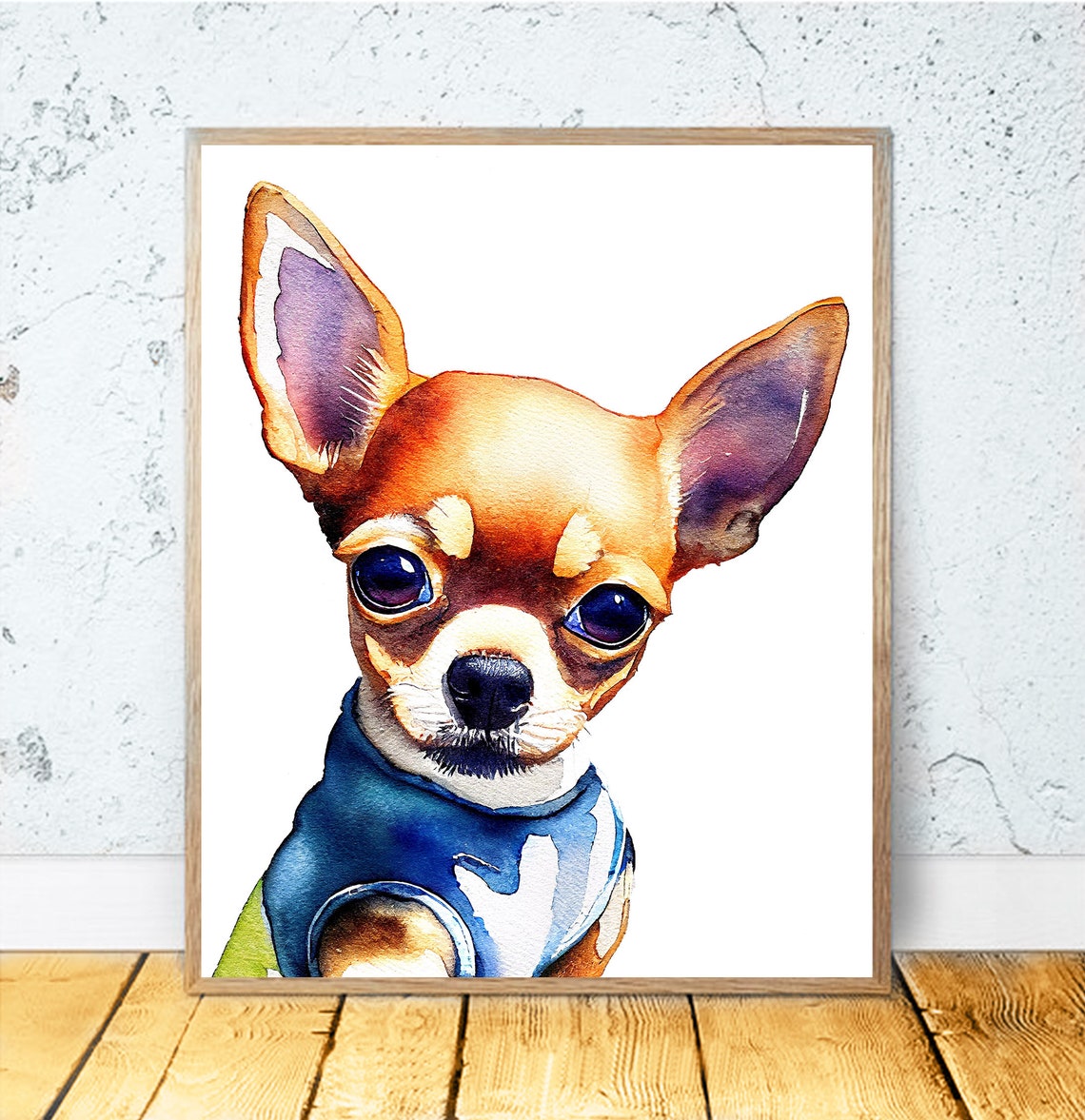 Chihuahua Puppy in Blue Shirt Watercolor Cute Dog Nursery Poster