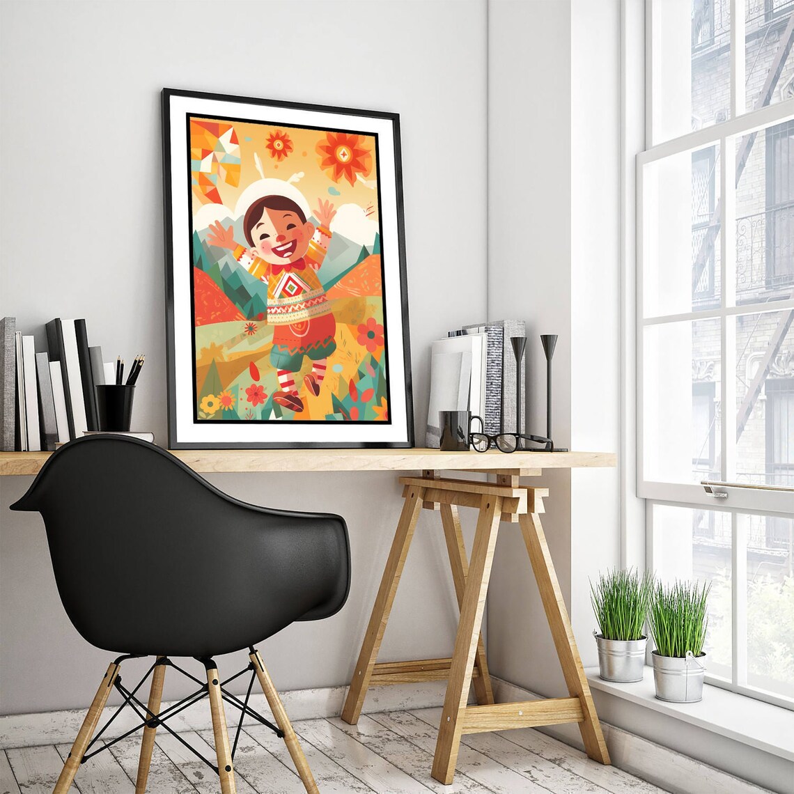 Joyful Boy in Traditional Folk Outfit Flower Meadow Art Poster - Image 3