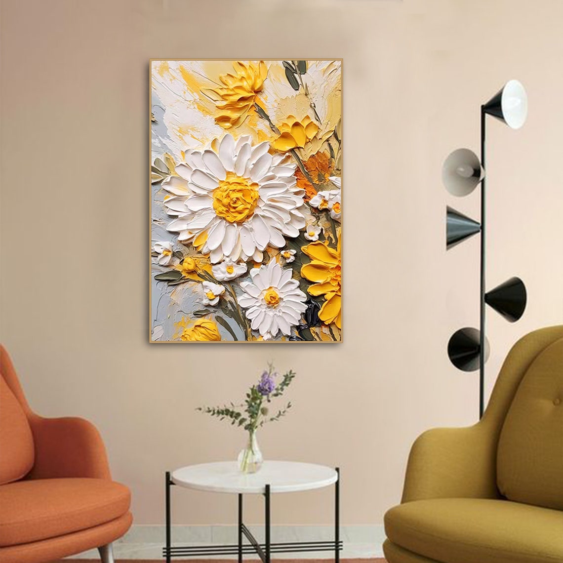 White Daisies Yellow Centers 3D Textured Impasto Oil Painting Wall Art - Image 3