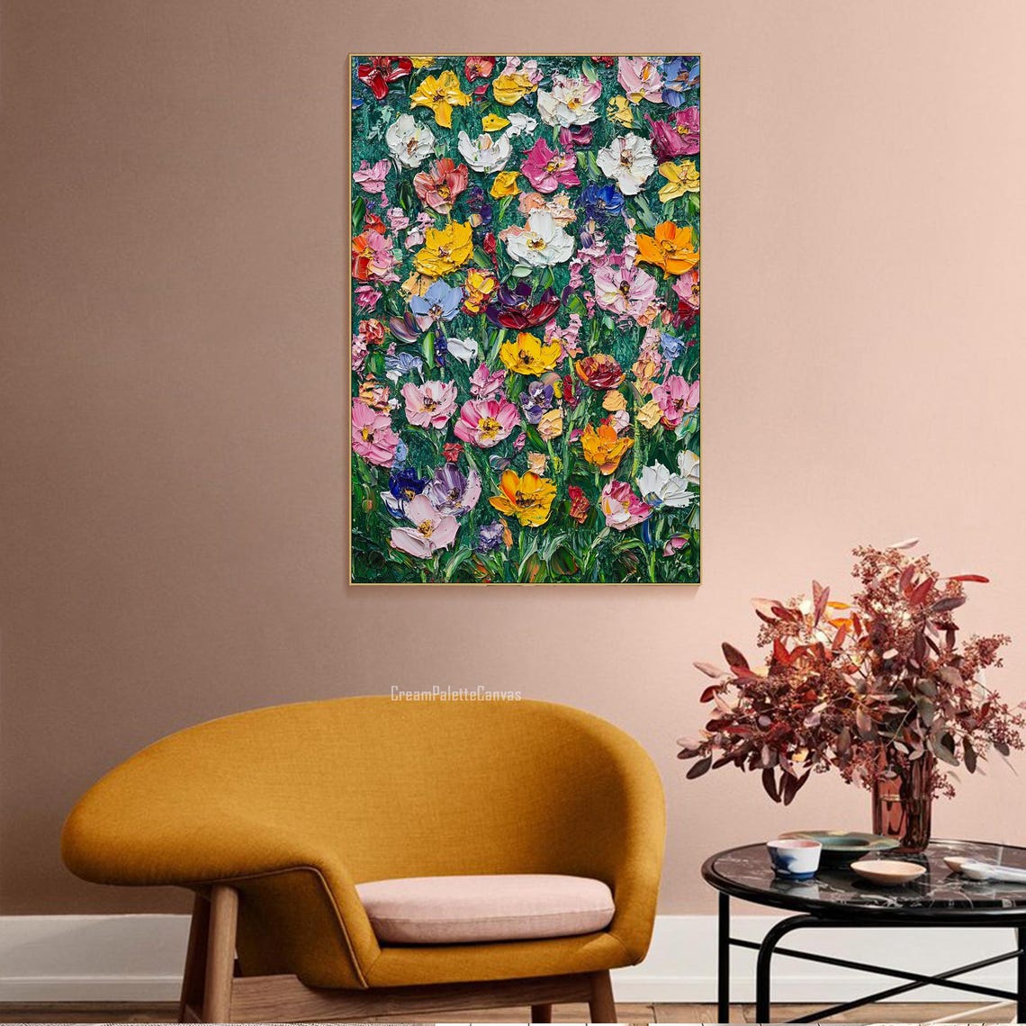 Colorful Wildflower Meadow Dense Blooms Impasto Oil Painting Wall Art - Image 3