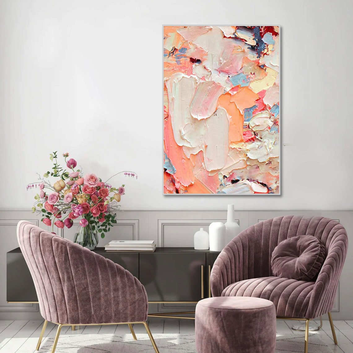 Calming Abstract Pastel Impasto Textured Coral Cream Modern Art Poster - Image 2