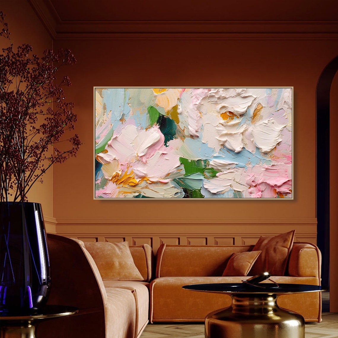 Pastel Abstract Floral Pink Blue Cream Textured Oil Painting Wall Art - Image 3
