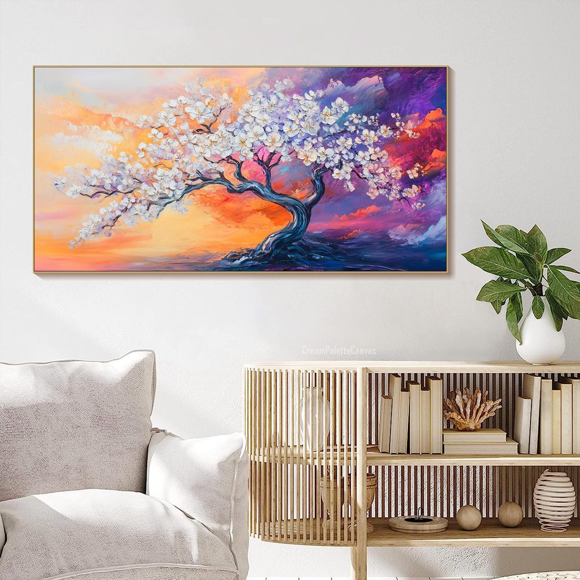 White Blossom Tree Vivid Sunset Textured Oil Painting Wall Art - Image 2