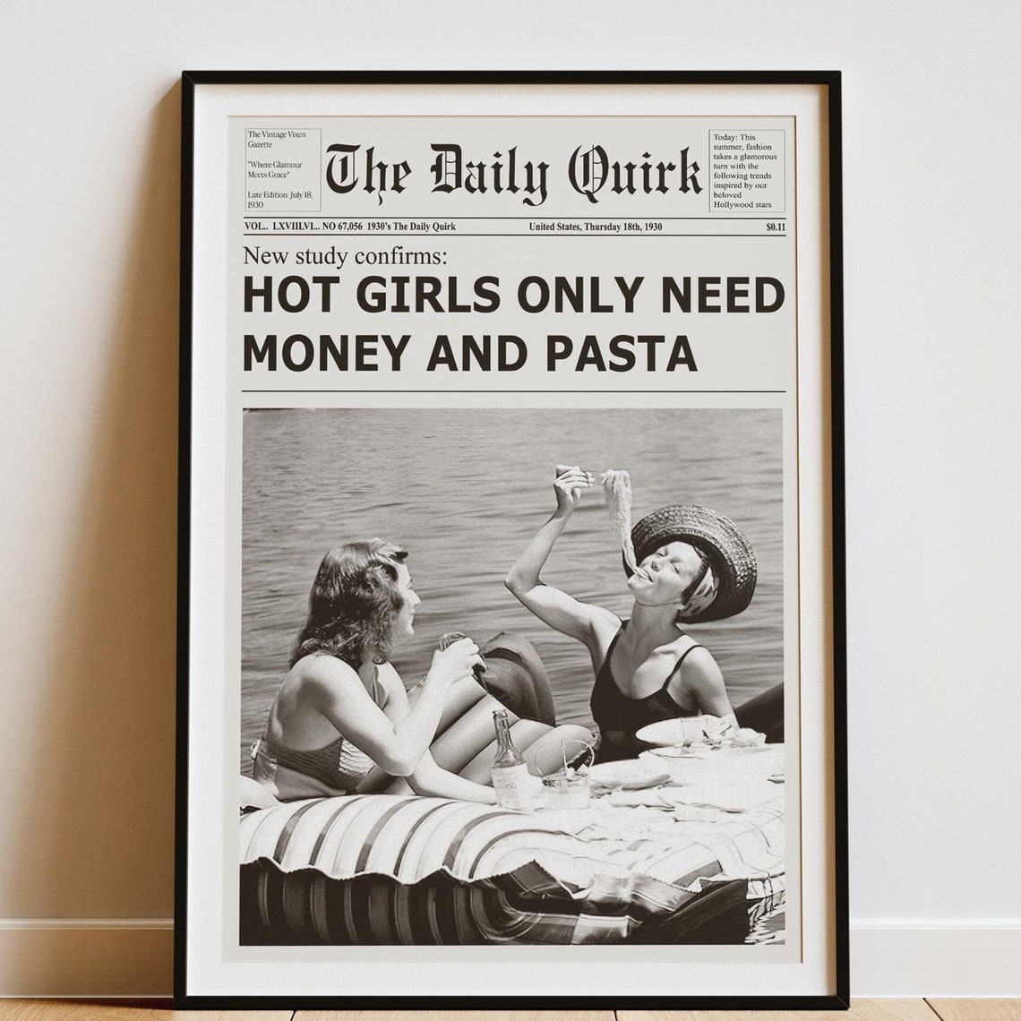 Pasta Newspaper Print, Vintage Dorm Room Decor