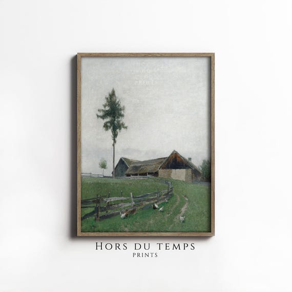Cottage In A Field Painting Muted Green Tones Landscape Village Farmhouse Vintage Art Hors Du Temps Prints