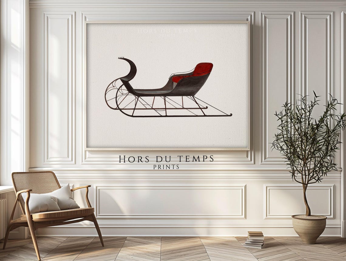Vintage Black Sleigh Red Seat Elegant Winter Illustration Poster - Image 2