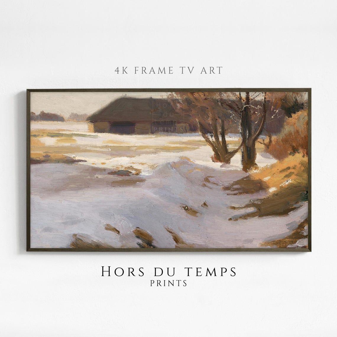 Snowy Farm with Thatched Hut in Golden Winter Light Vintage Poster