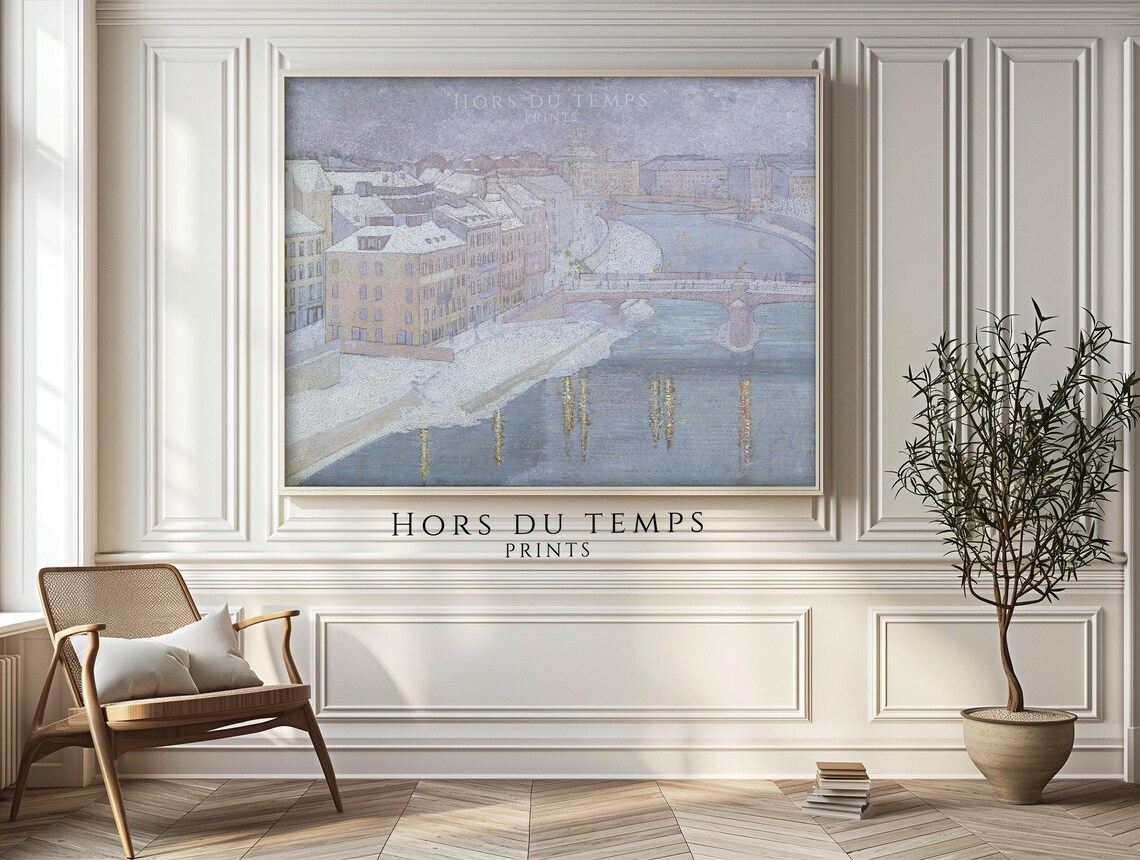 Pointillist Winter River Cityscape Bridge Lights Snow Painting Poster - Image 2