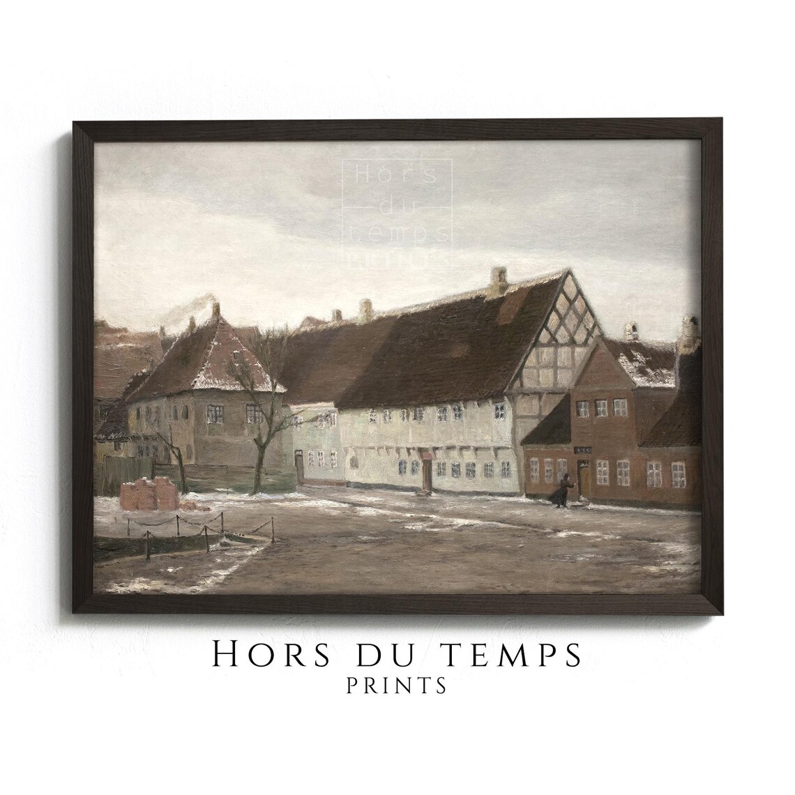 Historic Half Timbered Houses Snowy Winter Street Painting Poster