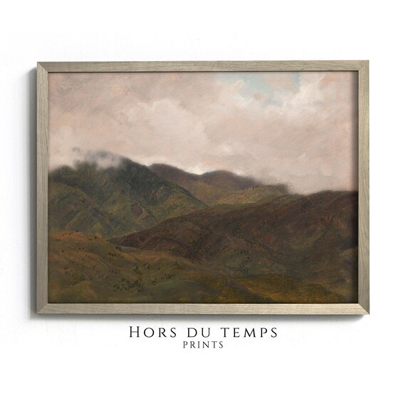 Vintage Moody Mountain Hills Landscape Art Neutral Cloudy Sky Rustic Farmhouse Oil Painting Hors Du Temps Prints