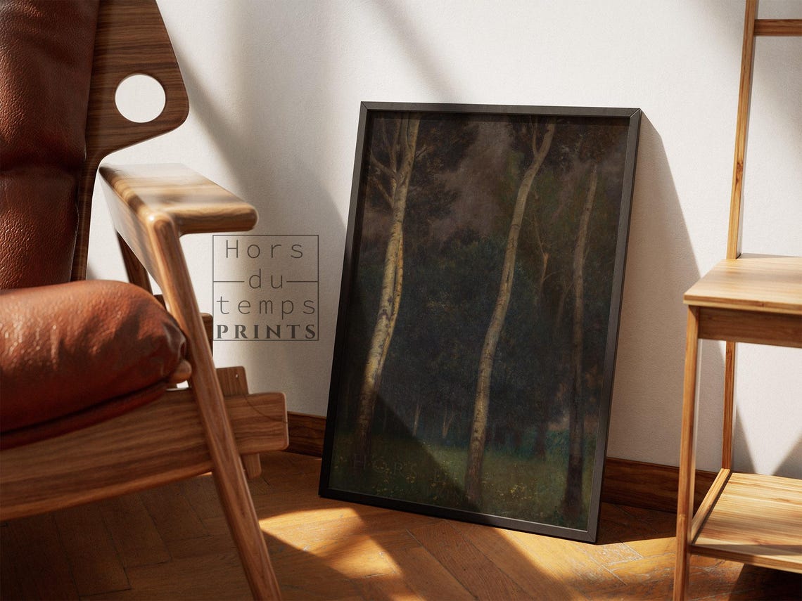 Dark Vintage Birch Grove Night Moonlit Forest Tall Trees Poster - Image 2