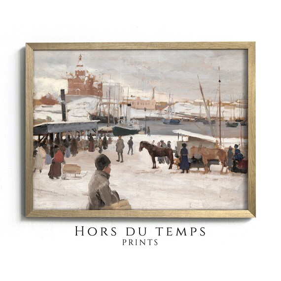 Snowy Harbor Ships Winter Market Red Domed Church Vintage Painting Poster