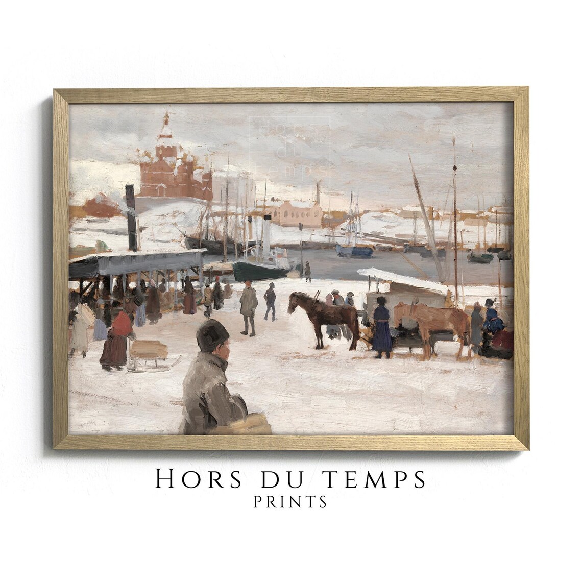Snowy Harbor Ships Winter Market Red Domed Church Vintage Painting Poster