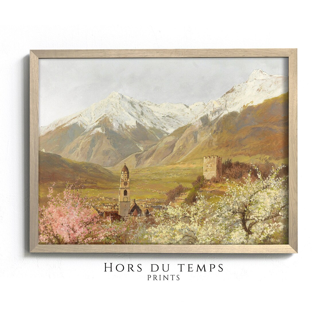 Snow Capped Mountains Village Church Tower Blooming Orchards Spring Poster